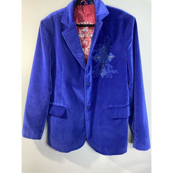 Large, Franky Max unique, unisex blue velour, cross embroidered blazer/jacket. - Picture 3 of 14
